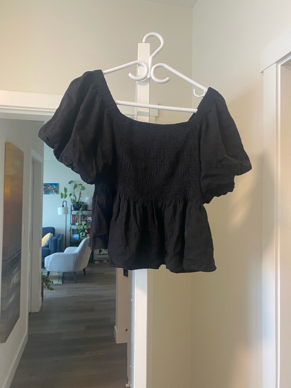 Madison The Label Black Smocked Peplum Puff Sleeve Top